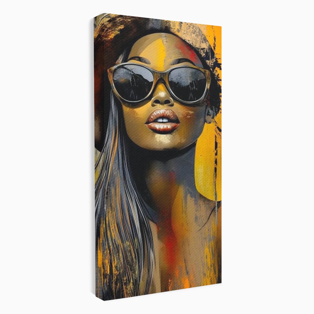 Tablou canvas cu tablou canvas cu portret de femeie ochelari de soare, fara rama, pe sasiu de lemn